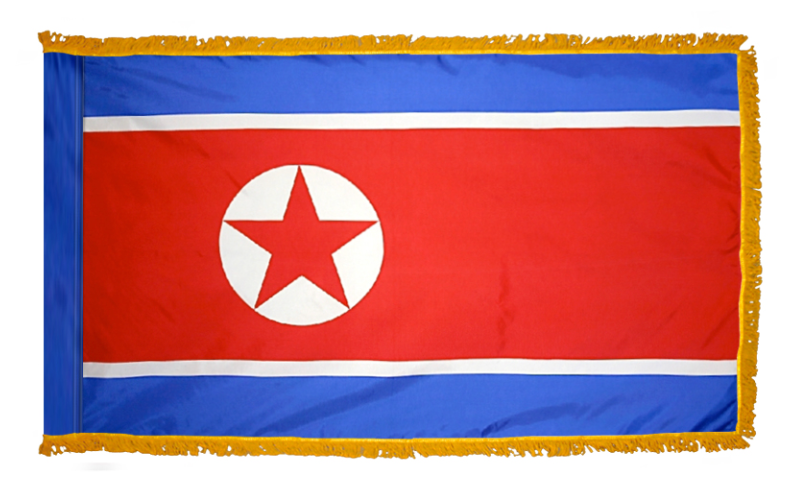 NORTH KOREA NYLON FLAG WITH POLE-HEM & FRINGES