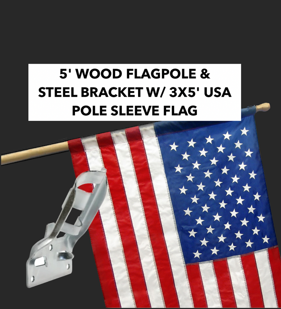 5' WOOD FLAGPOLE & BRACKET WITH USA FLAG