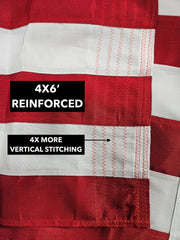 An American flag with a focus on the stripes and stars, featuring a 'POLY-EXTRA HIGH WIND' text overlay indicating the fabric's capability to withstand high wind conditions.